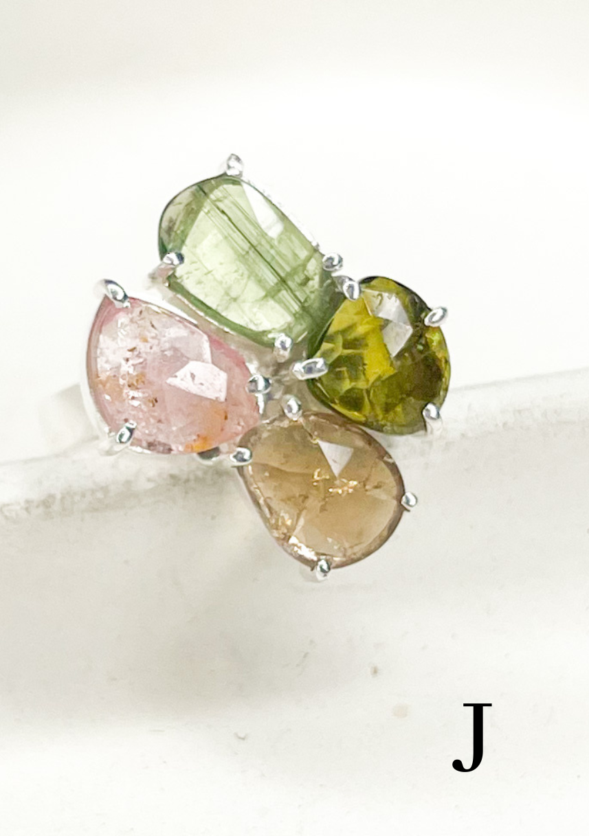 Silver Tourmaline Cluster Bezel Prong Ring - Solid Sterling Silver