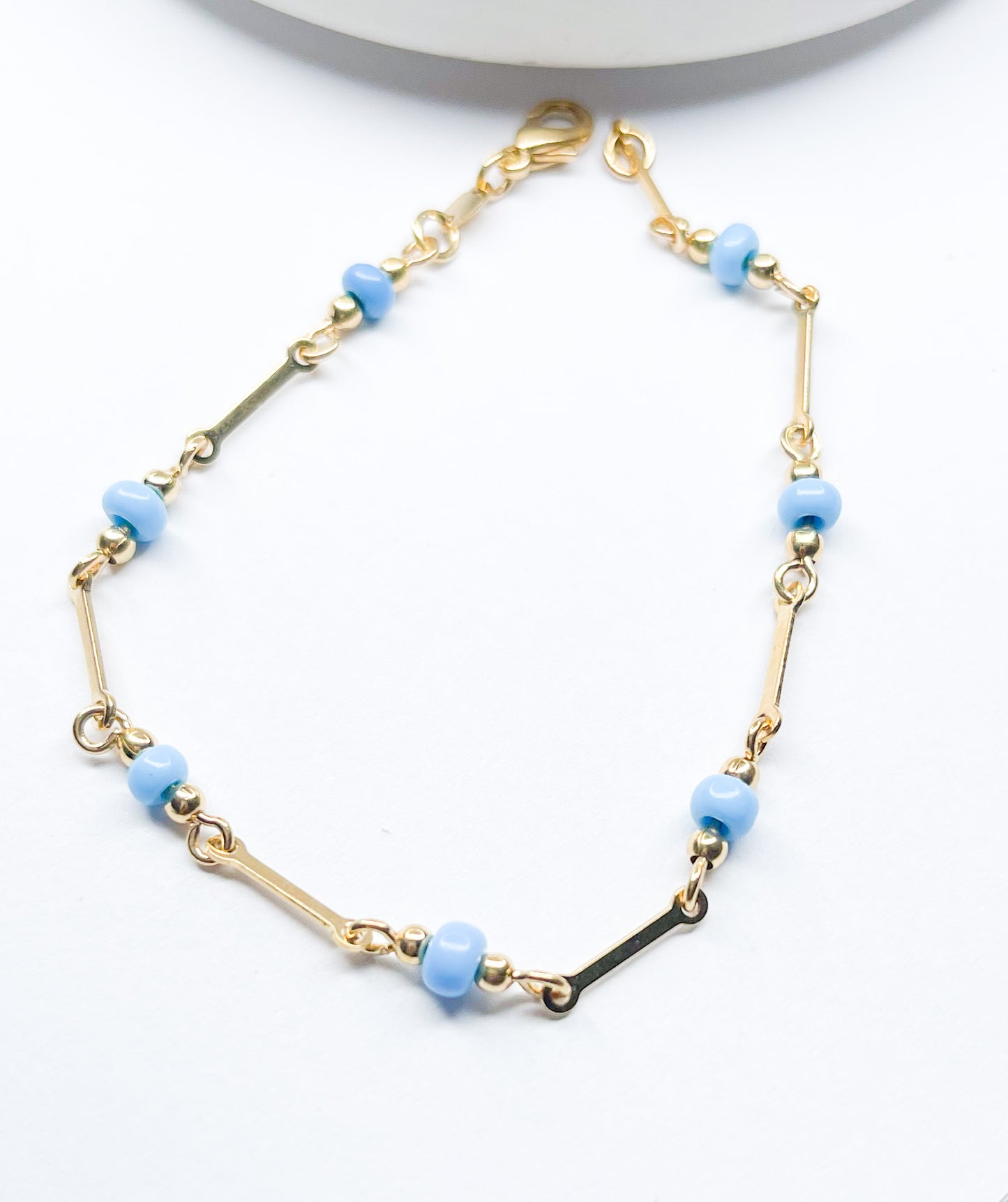 Blue Enamel Beaded 7in Bracelet-18k Gold Filled