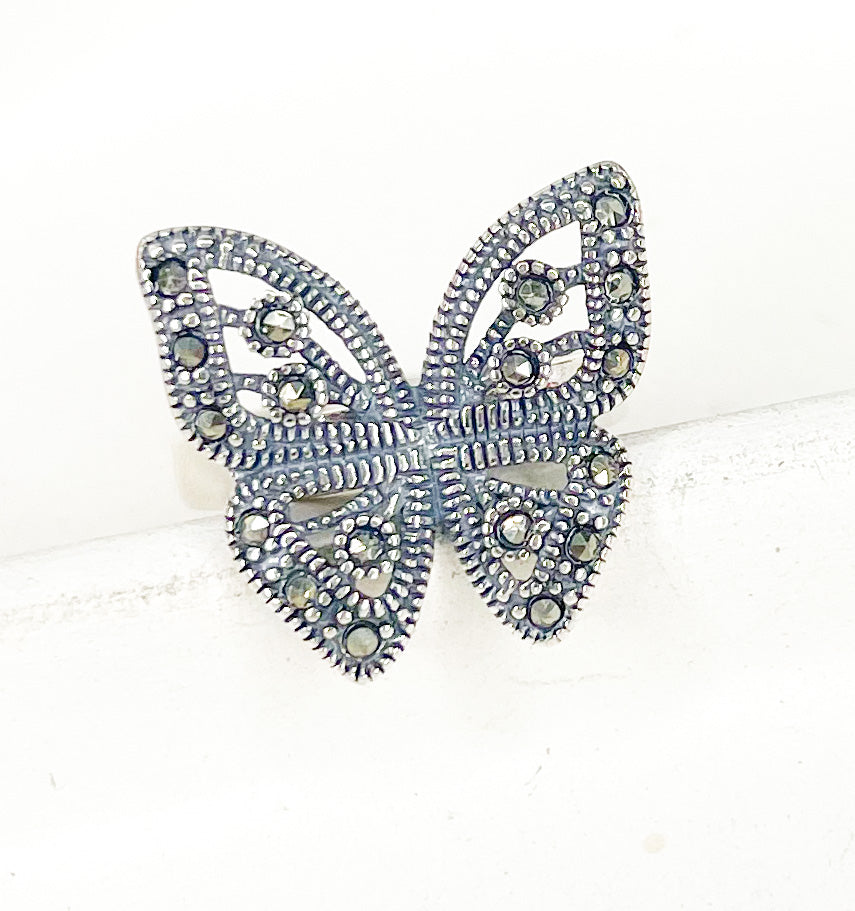 Marcasite Butterfly Ring - Size 6 - Solid Sterling Silver