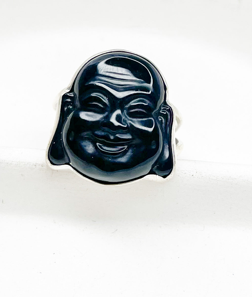 Happy Buddha Black Onyx Adjustable Ring-Solid Sterling Silver