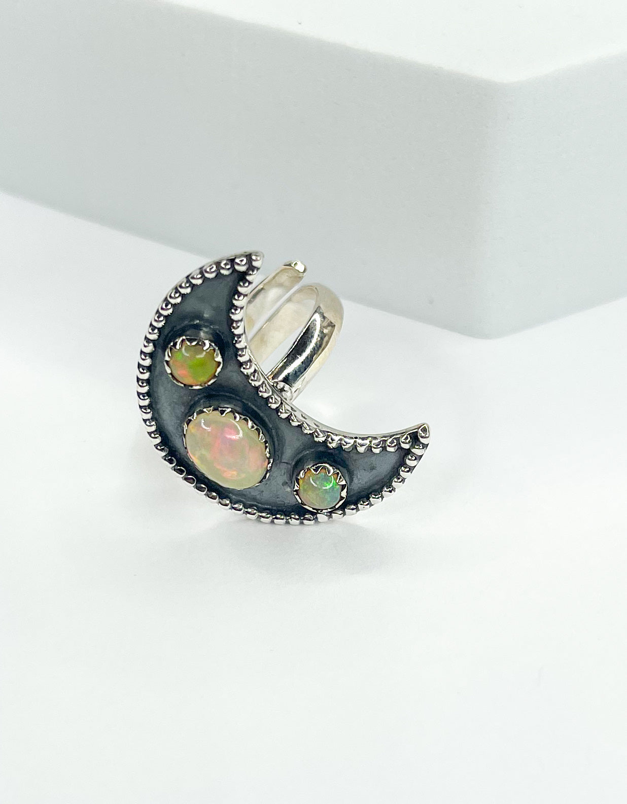Ethiopian Opal Crescent Moon Ring - Solid Sterling Silver