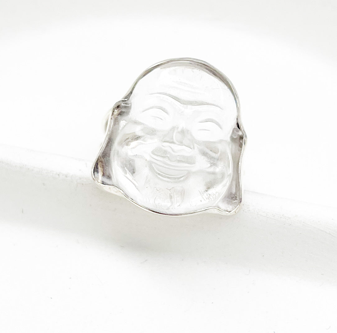 Happy Buddha Clear Quartz Adjustable Ring-Solid Sterling Silver