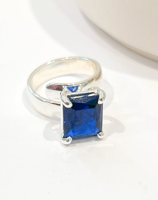 Royal Blue Glass Prong Ring - Solid Sterling SIlver