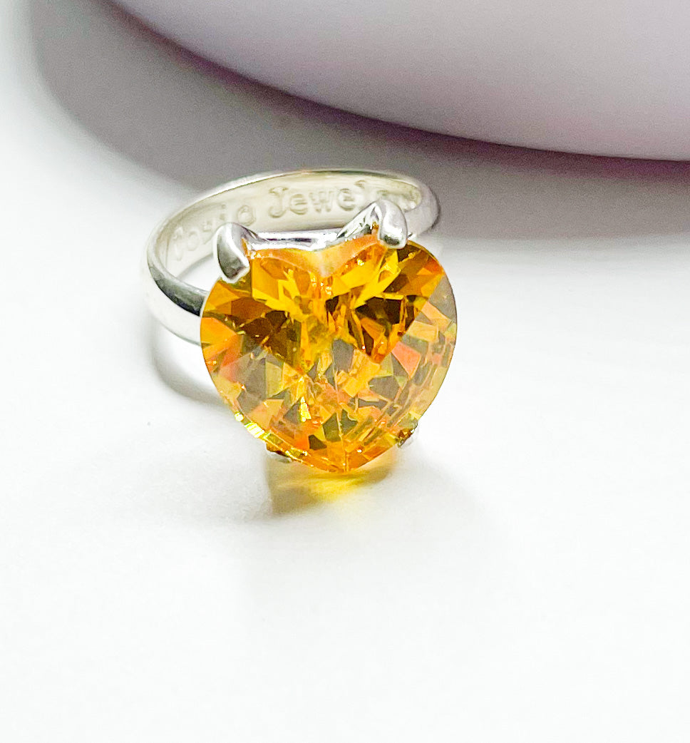 Light Orange Heart CZ Prong Ring - Solid Sterling Silver