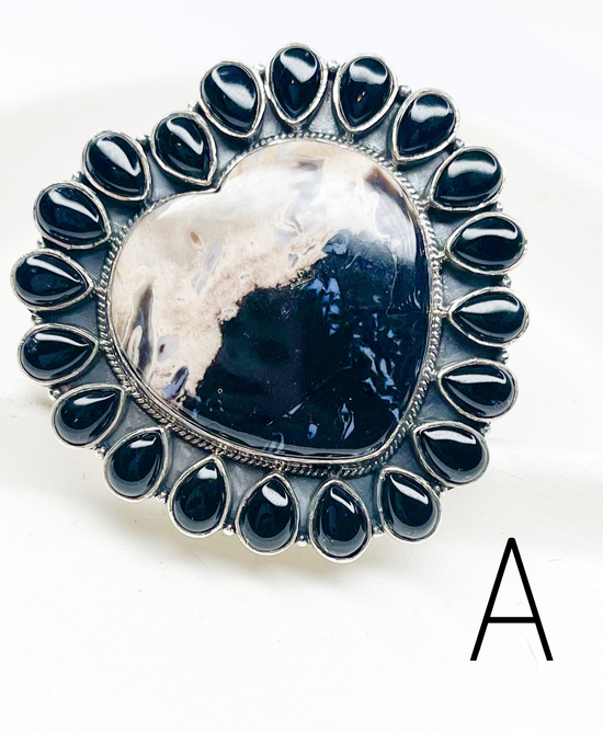 Load image into Gallery viewer, Palm Wood &amp;amp; Onyx Statement Adjustable Ring - Solid Sterling Silver
