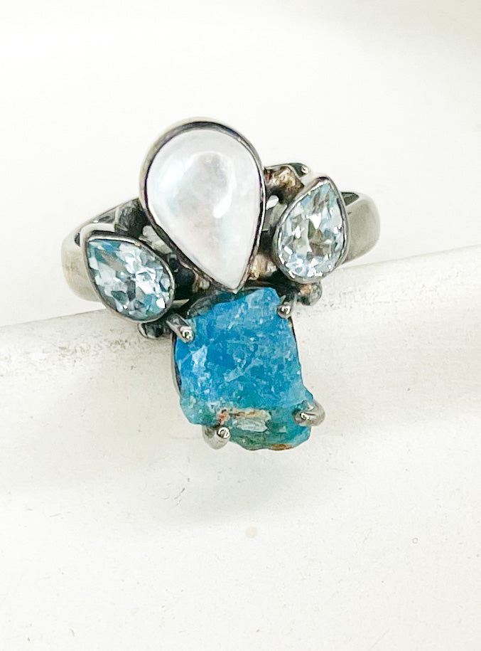 Load image into Gallery viewer, Neon Apatite &amp;amp; Blue Topaz Ring - Solid Sterling Silver
