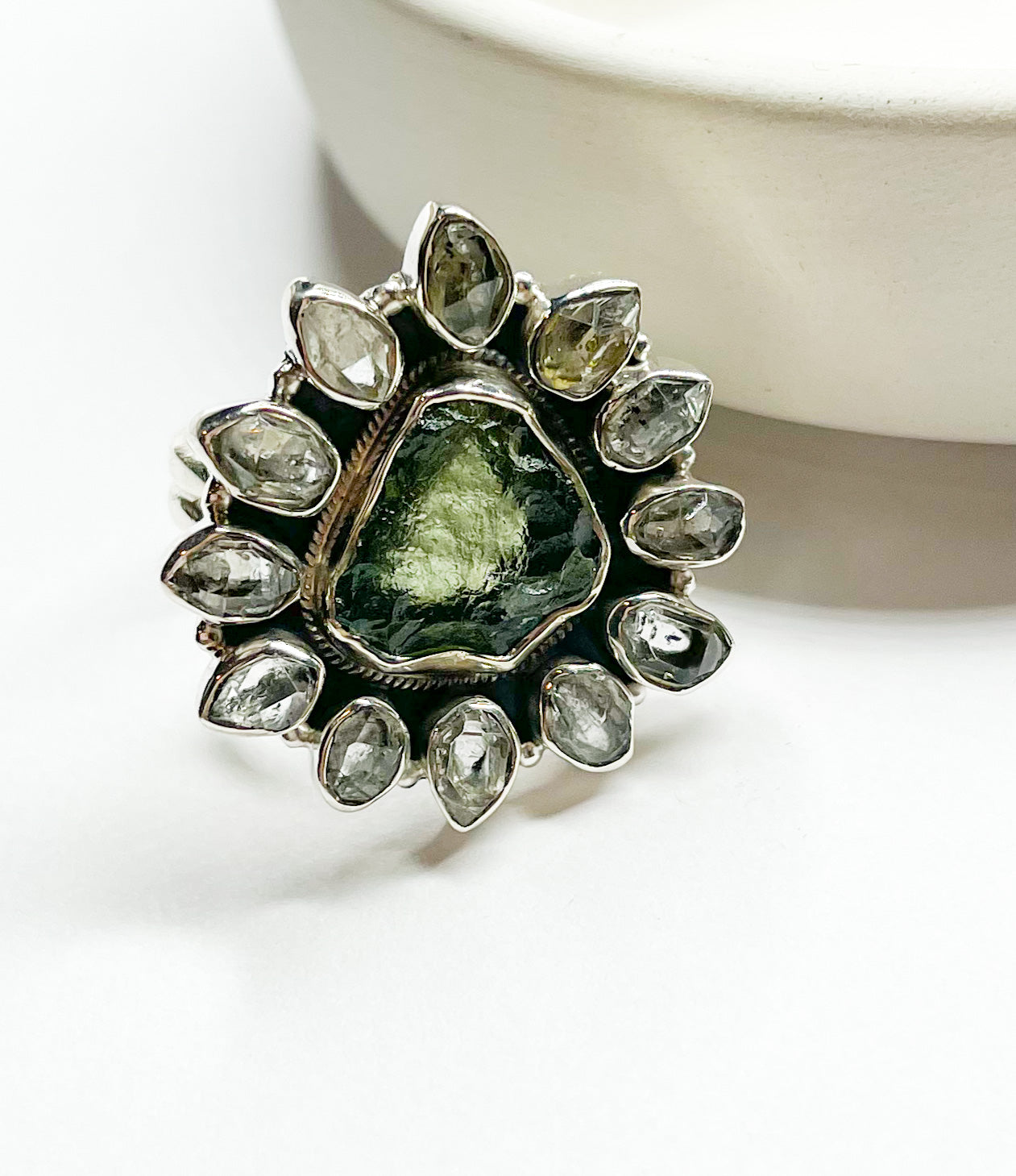 Moldavite & Herkimer Adj Ring - Solid Sterling Silver