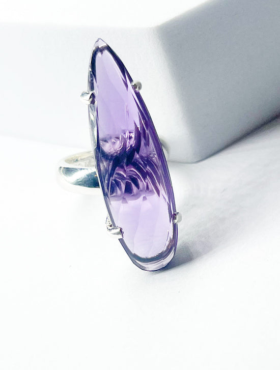 Load image into Gallery viewer, Amethyst Tear Prong Set Long Ring-Solid Sterling silver
