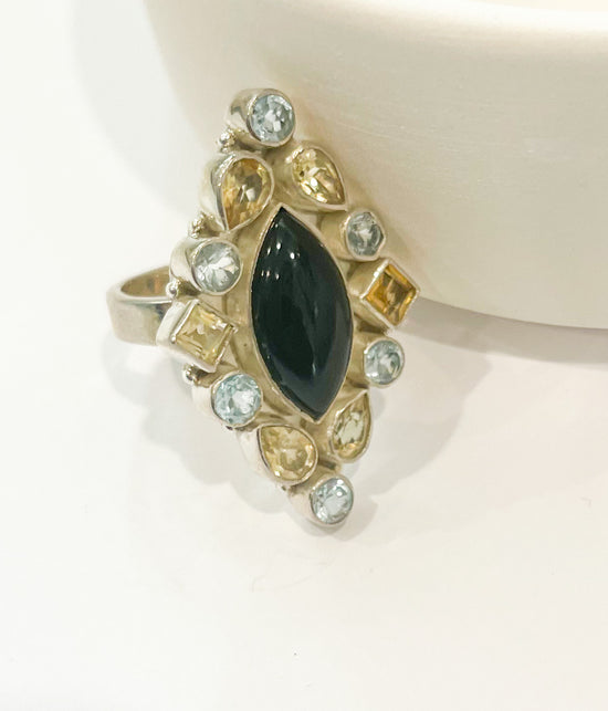 Diamond Multi Stone Black Onyx Ring - Solid Sterling Silver