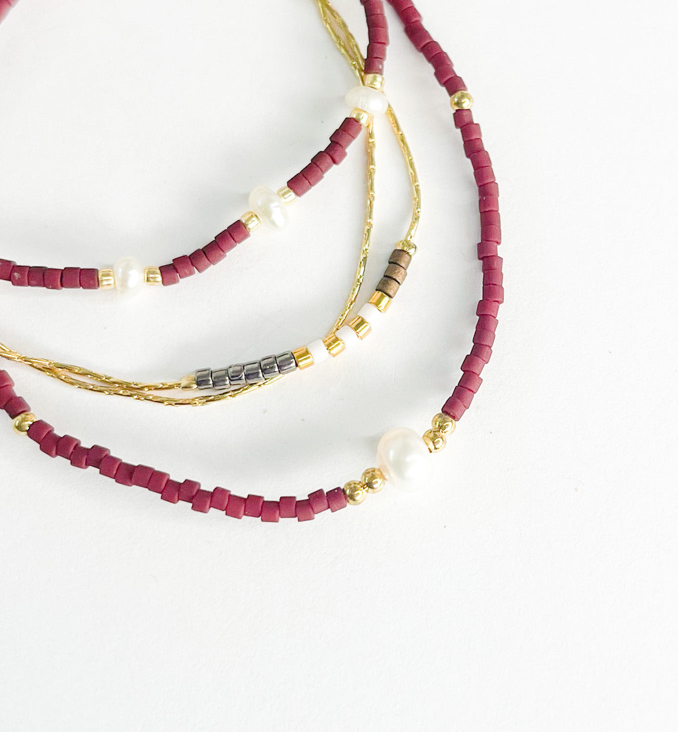 Brown Pearl Rope Stack w Brown, Gray, Gold Bracelet