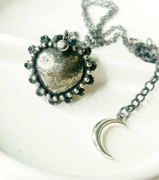 Pyrite Puff Heart Necklace- Chunky Grunge
