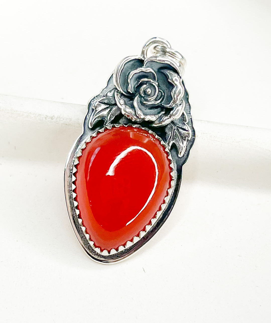 Carnelian and Rose Tear Drop Pendant - Solid Sterling Silver