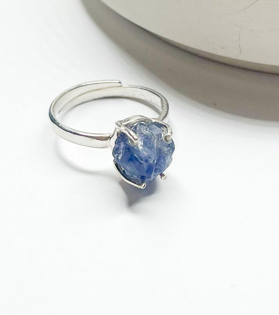 Raw Iolite Prong Ring - Solid Sterling Silver