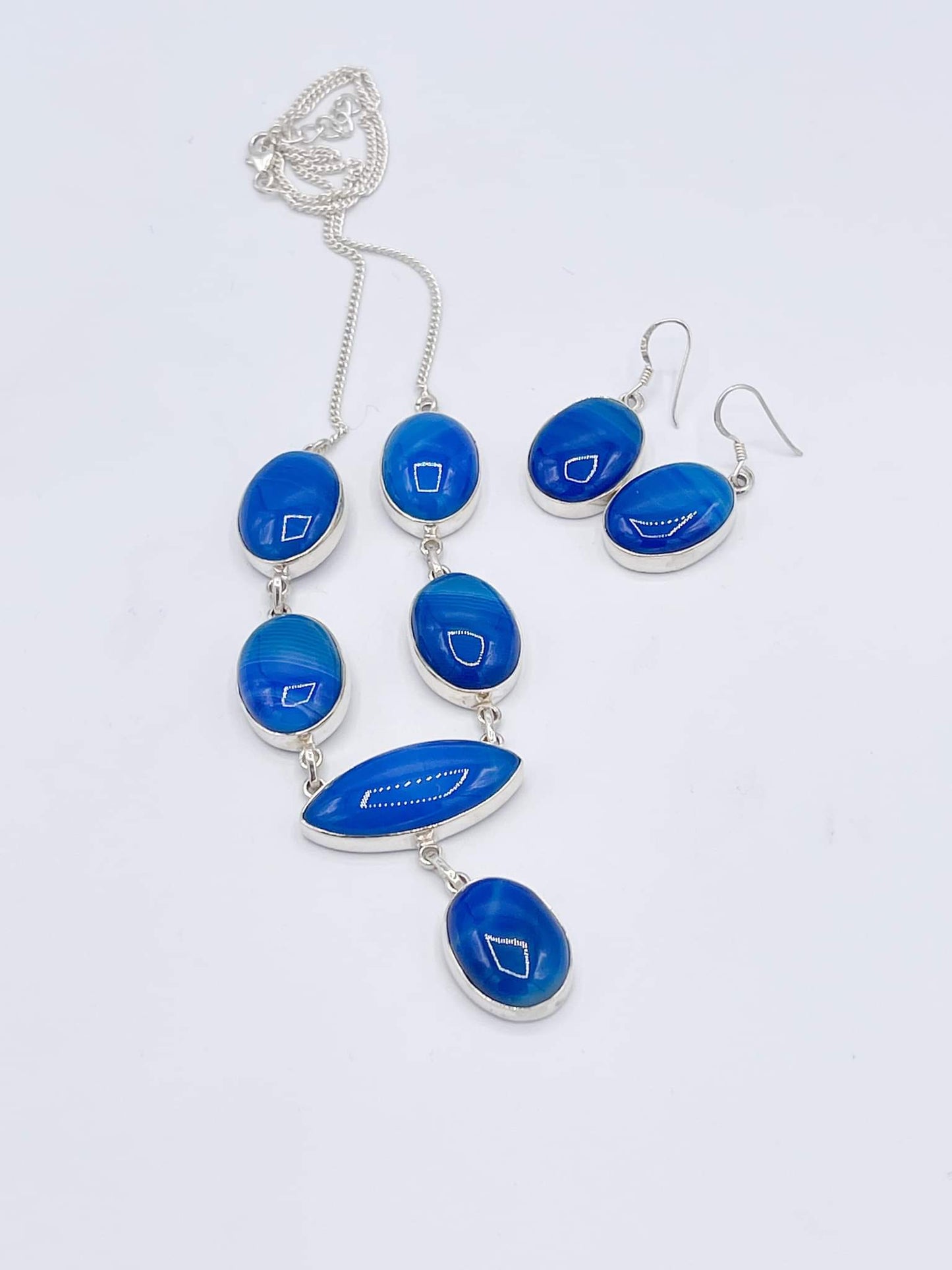 Blue Agate Necklace & Earrings Set - Solid Sterling Silver